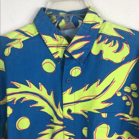 Ocean Pacific OP Vintage Hawaiian Shirt Surf Blue Neon Green Pink - Medium/Large - Picture 2 of 12